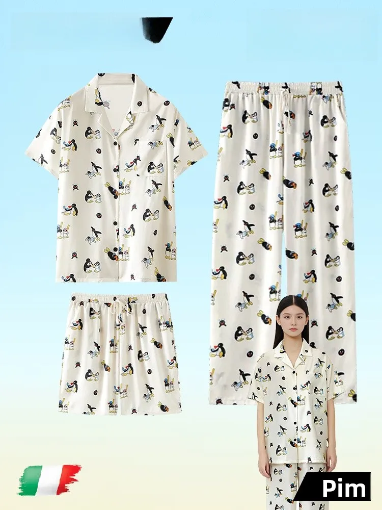PinkBread Relaxing Art Women's Cute Cartoon Ice Silk Sleepwear Three-piece Set Summer Home Clothes Short Sleeve Short Pants
