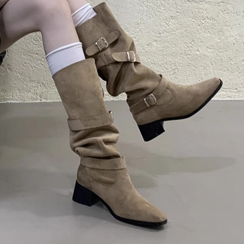 

High Heels Women Long Boots Suede Fashion Shoes Winter Designer Heeled Boots 2025 New Trend Dress Zapatos Femme Chelsea Botas
