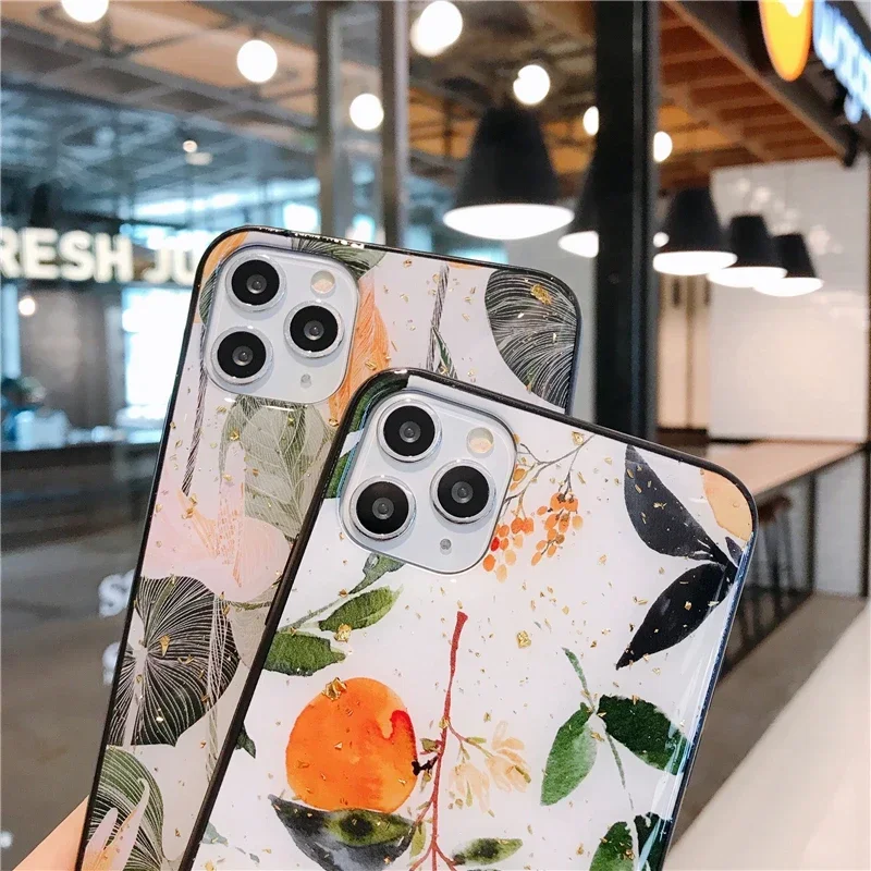 Luxury Gold Foil Silicone Phone Case For iPhone 16 15 14 13 12 11 Pro Max Plus Glitter Painting Fruit Orange Shockproof Cover