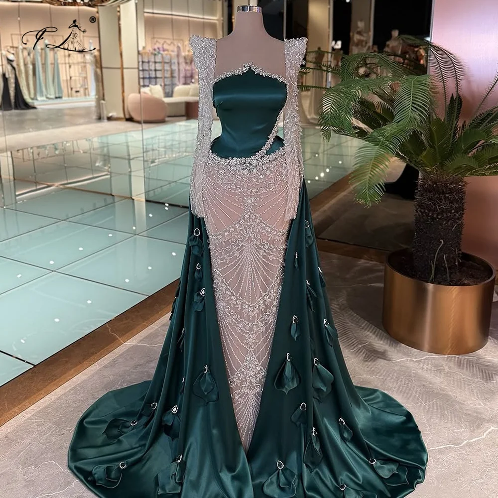 

Роскошное платье-русалка из кристаллов и тюля с длинными рукавами, аппликацией и шлейфом, с вырезом «сердечко», темно-зеленое, для вечеринок, с возможностью индивидуального пошива