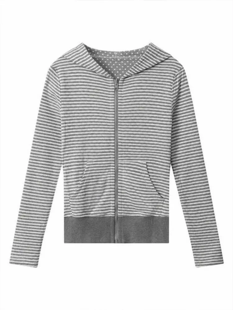 الأمريكية الشارع الشهير مخطط مقنعين البلوز الخريف جديد سليم صالح سترة قصيرة موضة عادية كم طويل معطف المرأة #5