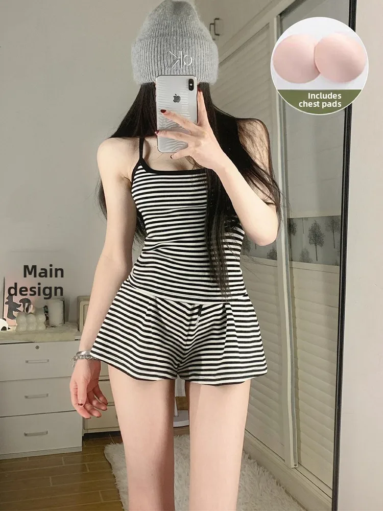 

Комплект одежды в полоску с ремешками, сексуальный жилет Pure Desire, домашняя одежда для девочек, летнее новое поступление, милый милый хлопковый жилет...