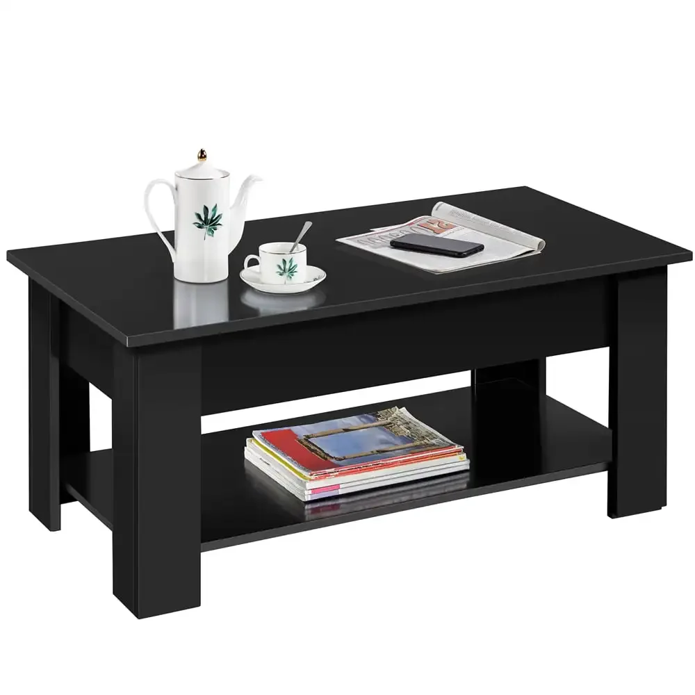 Table basse relevable moderne noire, compartiment GNE, rangement pour salon, 39 po