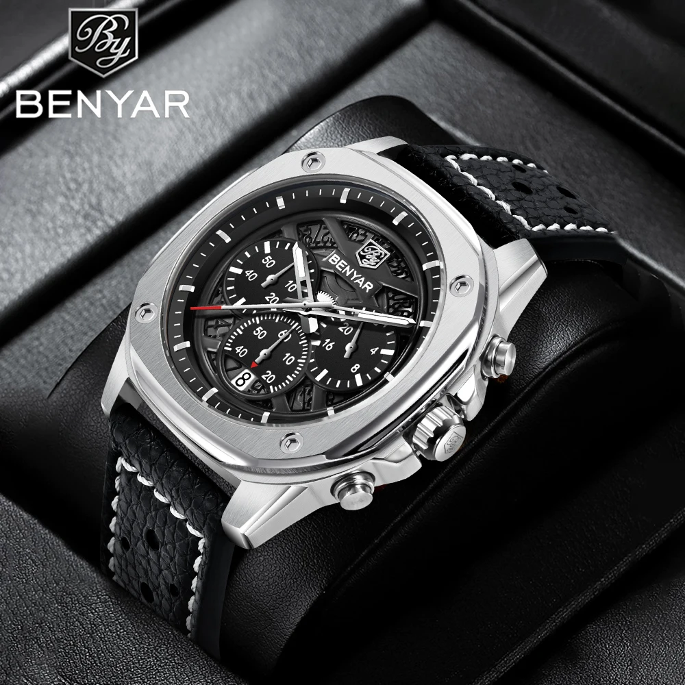 

Новинка 2022, кожаные часы BENYAR в стиле ретро, спортивные кварцевые часы со светящимся скелетом, водонепроницаемые военные многофункциональные часы для мужчин