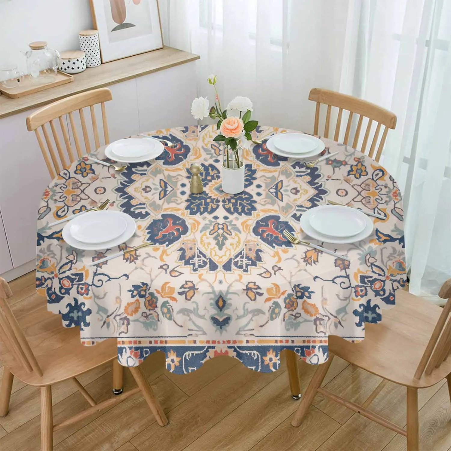 

Ethnic Style Retro Persian Pattern Round Table Cloth Festival Dining Tablecloth Waterproof Table Cover for Wedding Party Decor