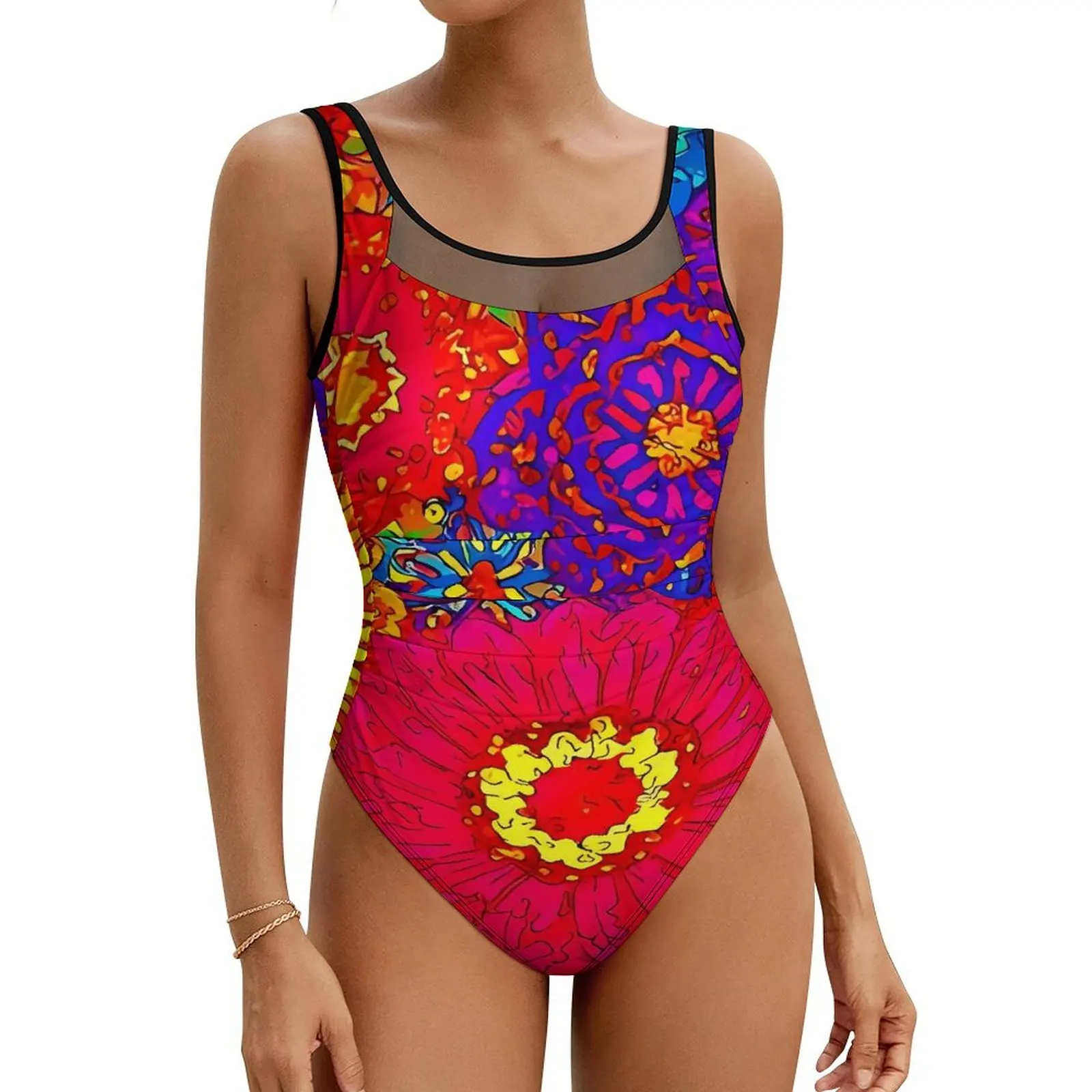 Flor power maiô sexy abstrato floral feminino banho de uma peça simples bodysuit praia push up malha monokini