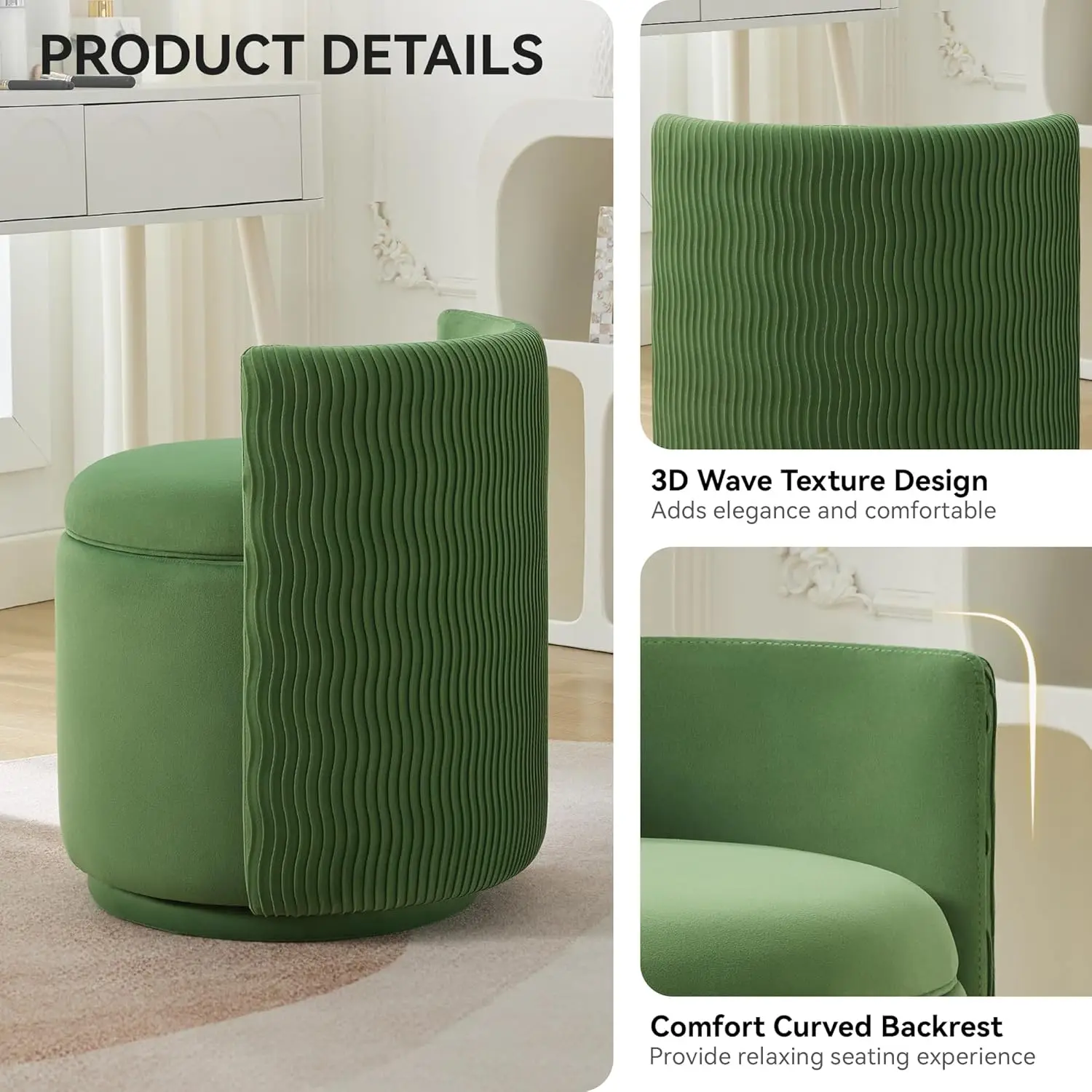 수납공간이 있는 벨벳 화장대 의자, 360 °   회전식, 웨이브 백, 녹색, 조립 불필요, 침실 또는 거실용 소형 스툴