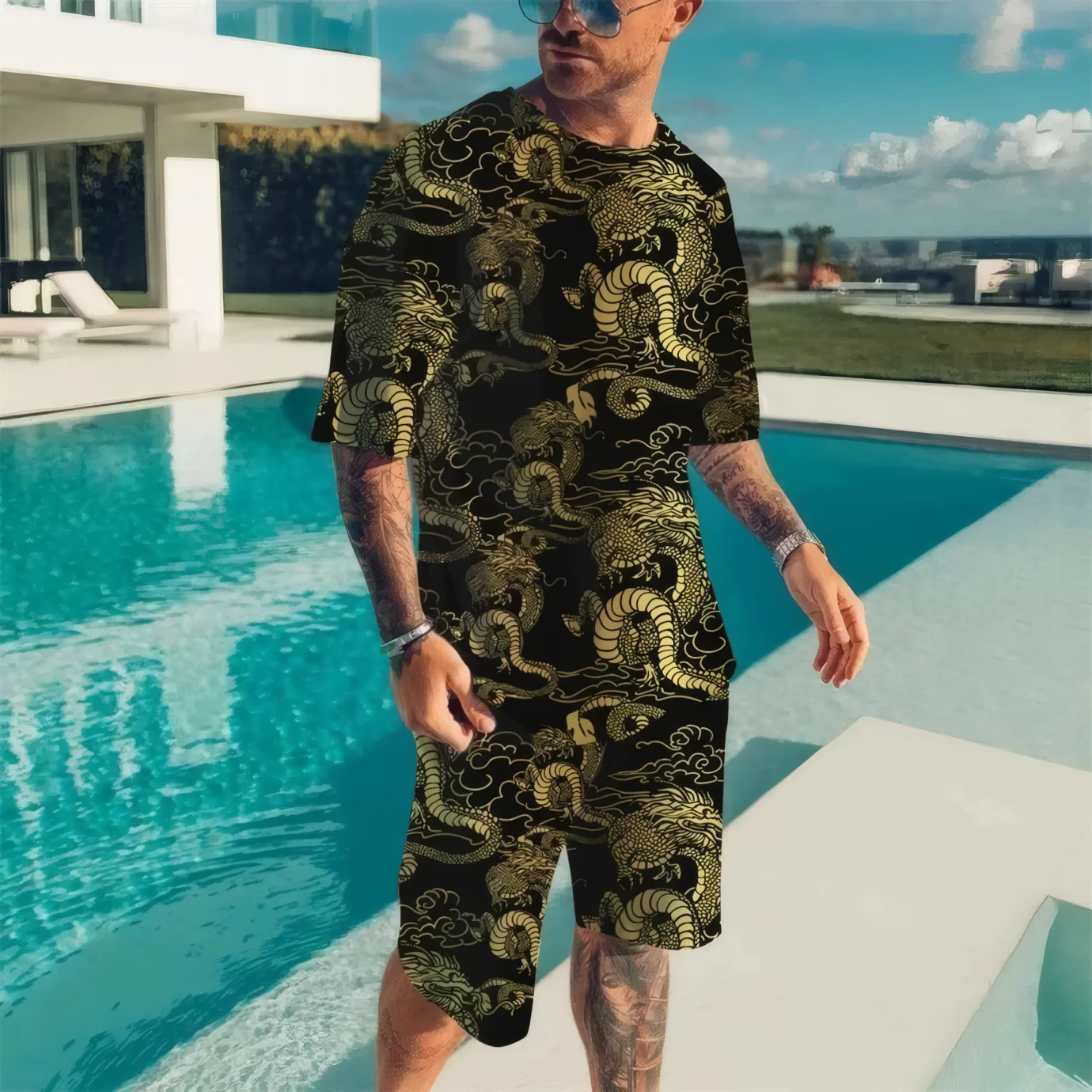 

Vintage Dragon Pattern Print 2Pcs Men 3D Sets T-shirt +Short 2pcs set New Suit Hawaii Fashion Oversized y2k Casual Two Piece Set