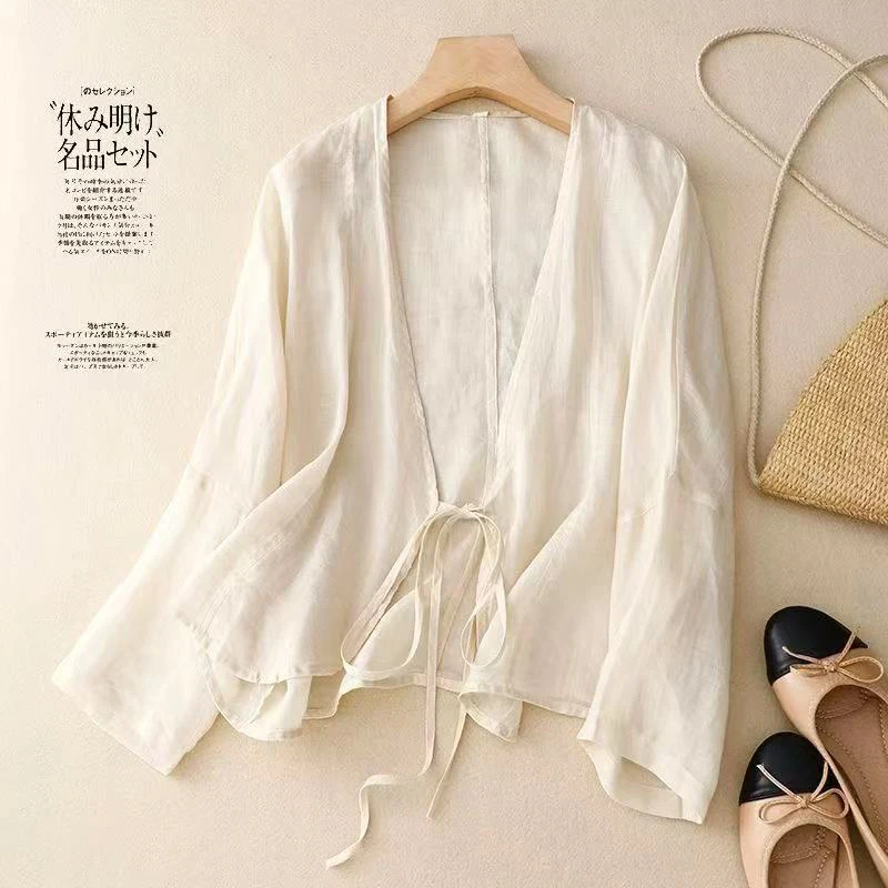 

Хлопково-льняное кимоно с завязками спереди, рубашки, кардиган, женский кардиган с v-образным вырезом и длинным рукавом, бежевый, красный, кофейный топ, элегантные летние тонкие накидки