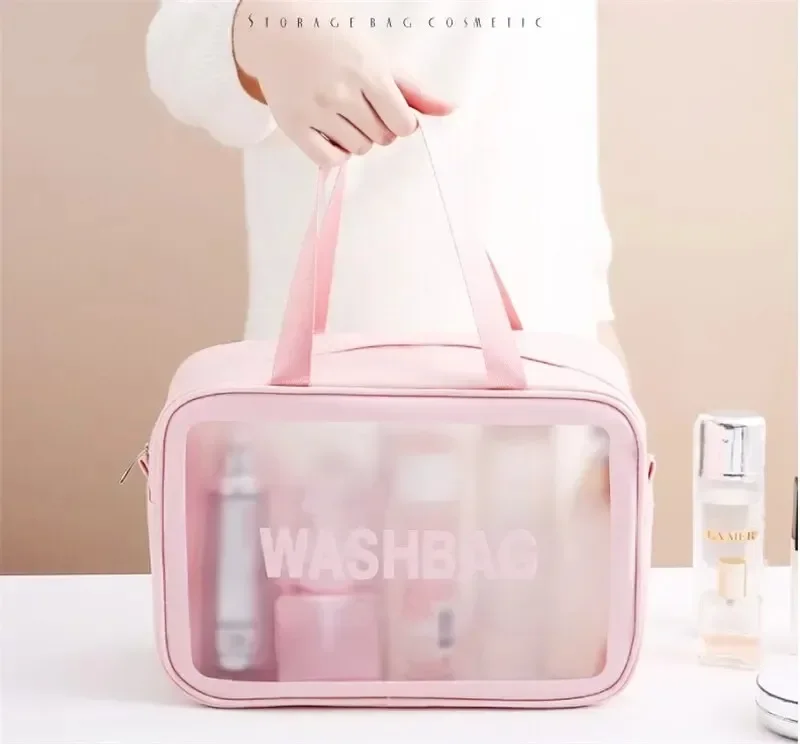 Bolsa de maquillaje de viaje portátil para mujer, bolsa de cosméticos impermeable transparente de gran capacidad