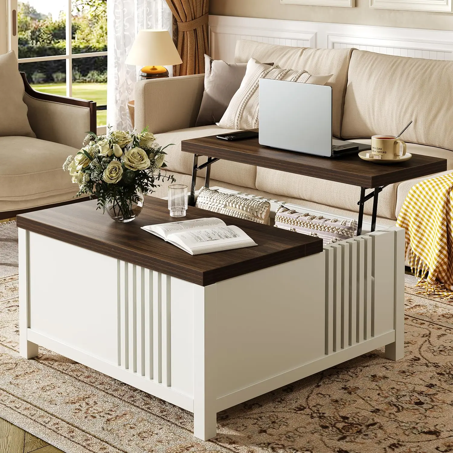 

Farmhouse Lift Top Coffee Table With Storage 35 Inch Square White Walnut Finish Living Room Center Table