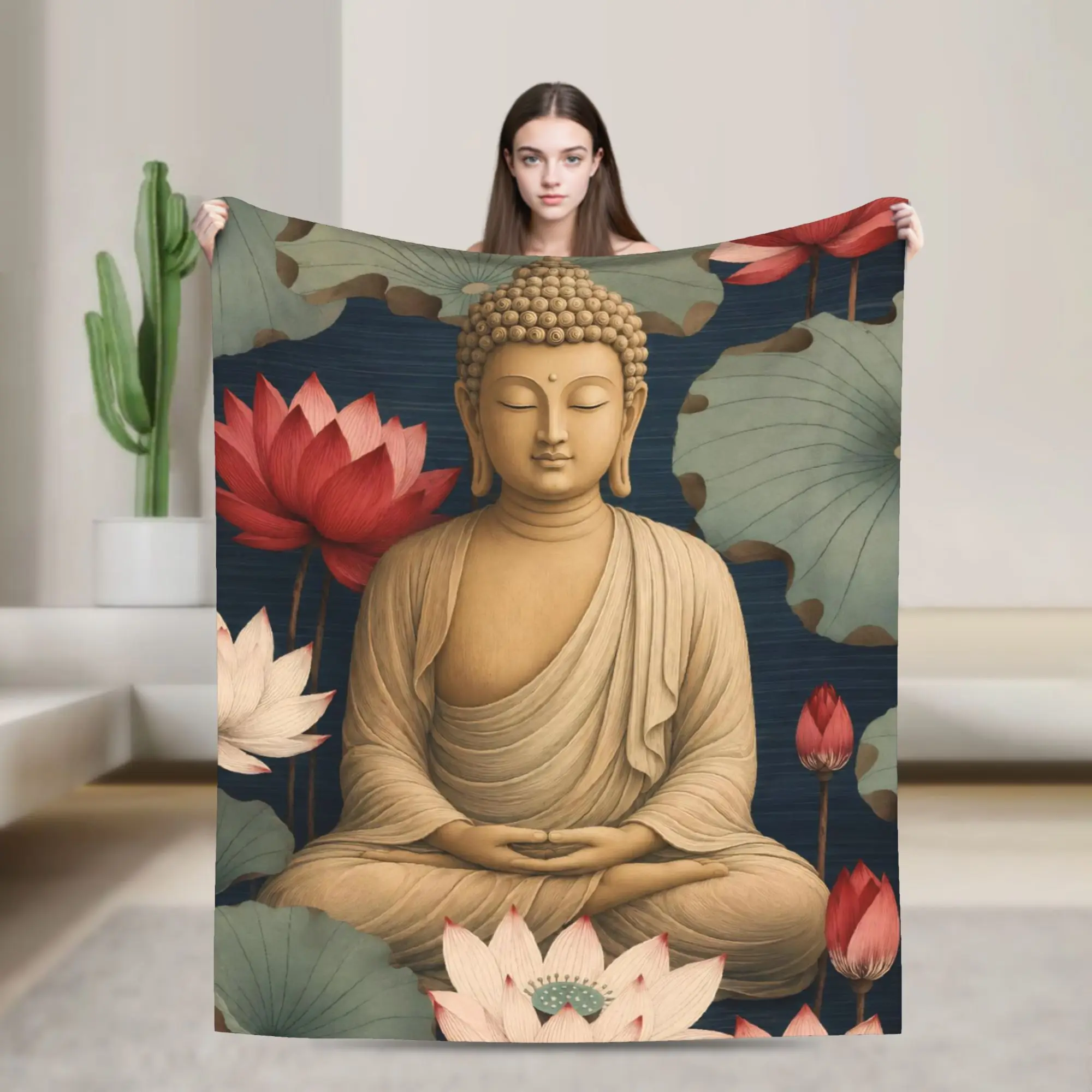 Buddha Lotus Zen Bodhisattva Knitted Blanket Flannel Y2K Harajuku Warm Throw Blanket for Bed Bedroom Quilt