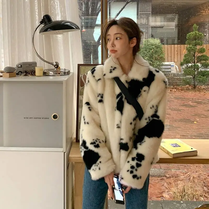 Women Print Faux Fur Coat Warm Lapel Thick Full Sleeve Jacket Casual Cardigan Outerwear Elegant Autumn Winter Streetwear