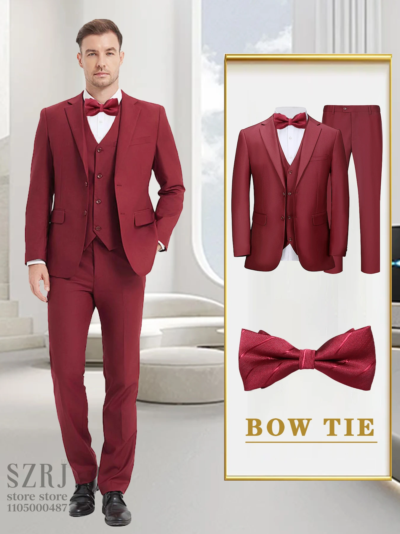 

Мужской костюм-тройка: куртка+жилет+брюки+красный галстук, удобная ткань, изысканный крой, подходит для свадеб/деловой/бакетов.