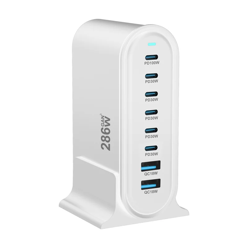 [GaN Tech] 286W 8 portas USB PD Carregador 2USB-A + 6USB-C PD QC Estação de carregamento de mesa de carregamento rápido Plugue UE Plugue EUA para telefone