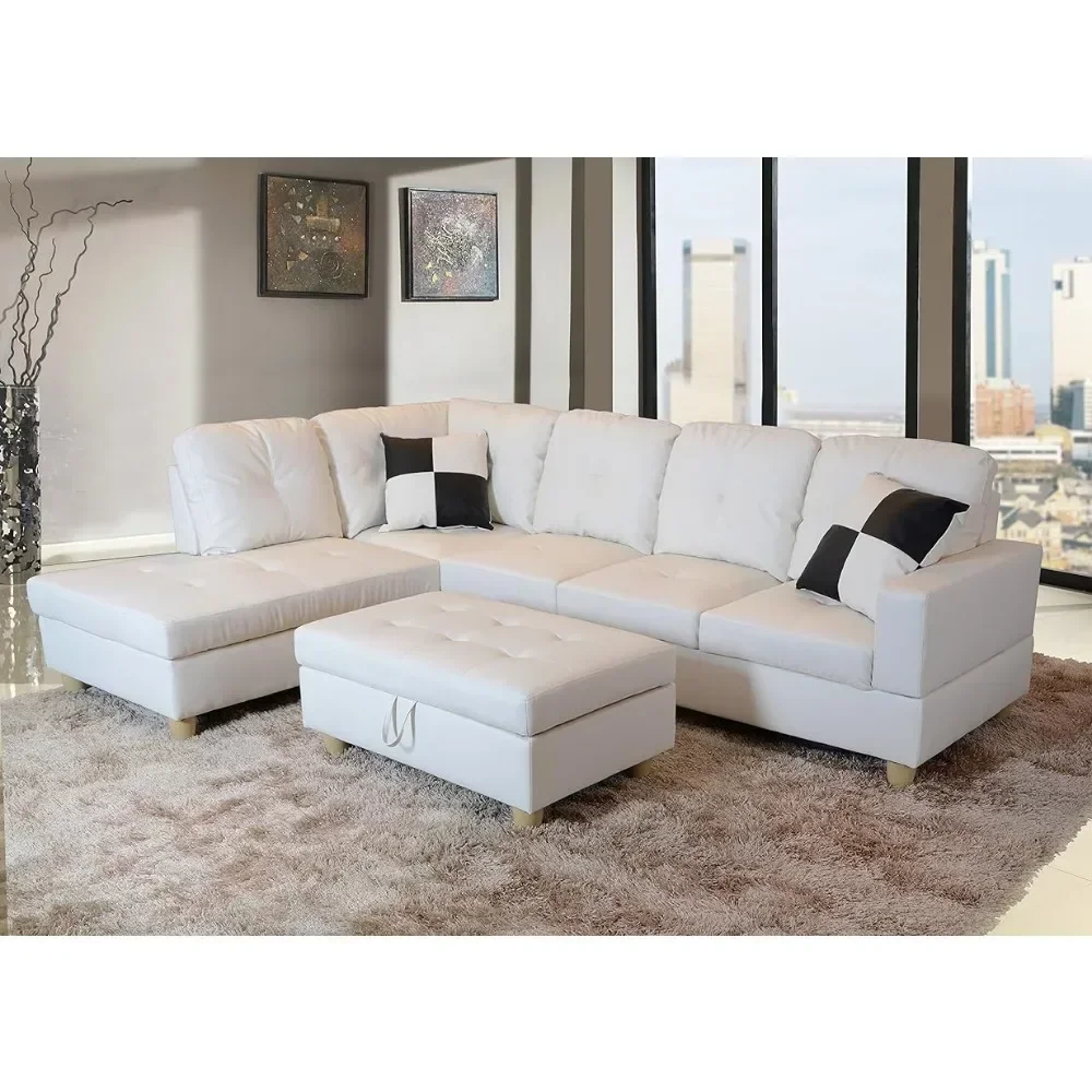 Living Room Sofa, L-shaped White, Back Support Ottoman, Fine Furniture Left Russes Profile Sofa Set