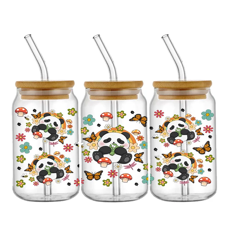 Animal Panda Turtle UV DTF Cup Wraps Transfer Sticker per 16OZ Glass Libbey Can Bottle autoadesivo lavabile fai da te personalizzato