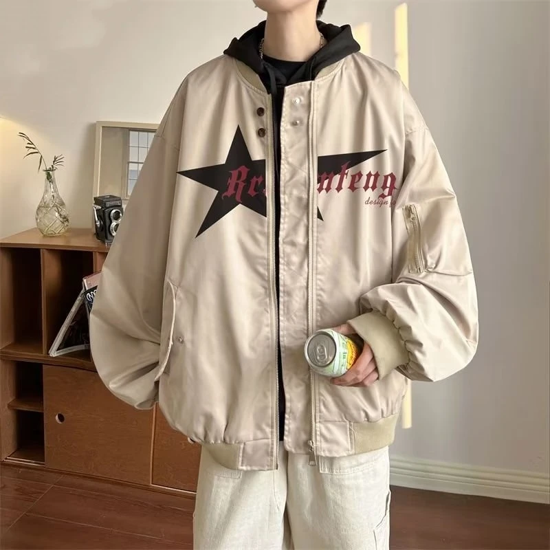 

Loose Fit Printed Jaet Autumn Winter plus Size Men's Street Sle Workwear Coat Youth Trendy Polyester Long Sve Outerwear