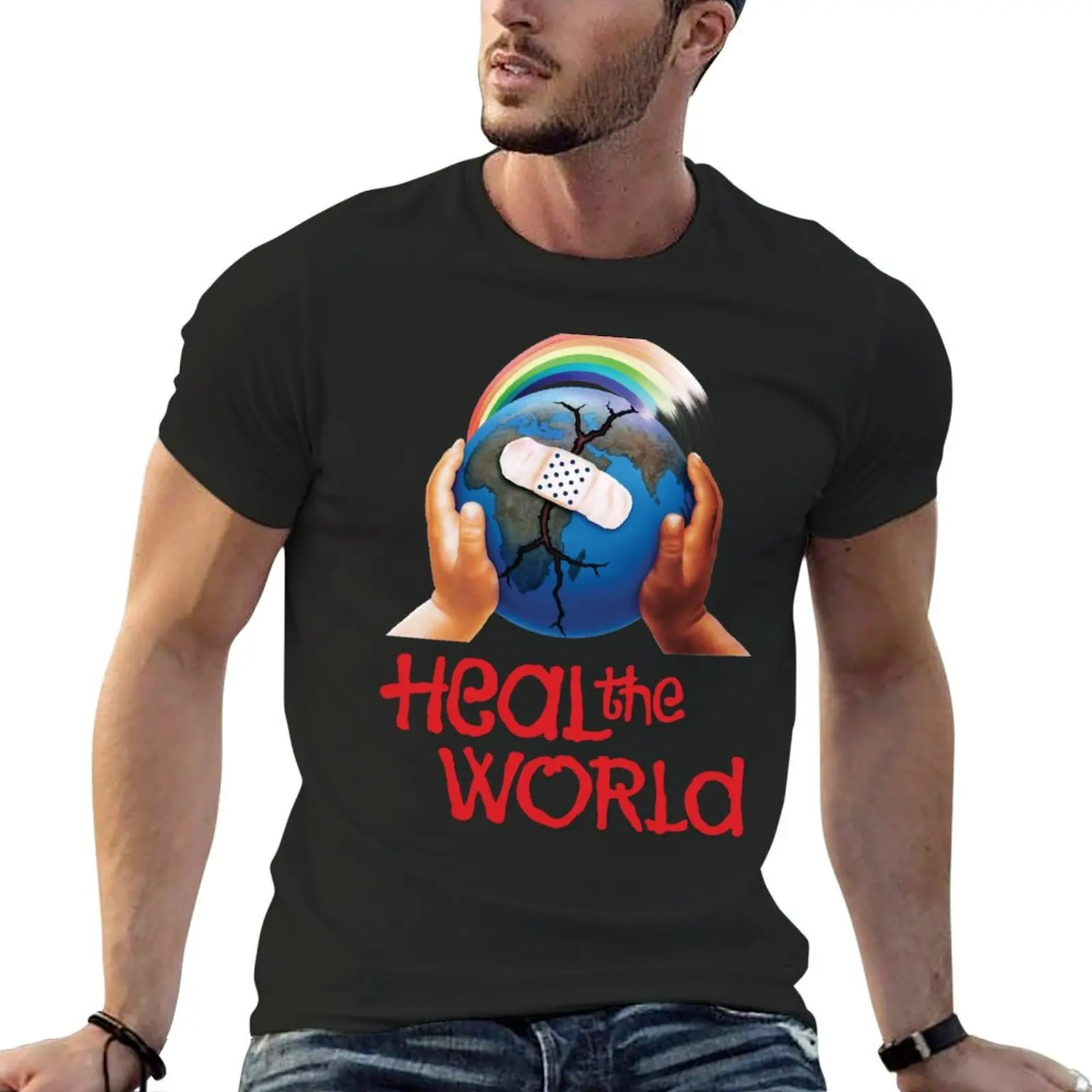 Heal the World (rainbow globe) T-Shirt oversized anime stuff mens graphic t-shirts big and tall