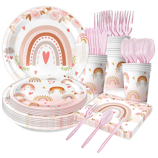 Styl Boho tęczowy jednorazowe zastawy stołowe zestaw papierowy kubek i talerz obrus czeski dekoracje urodzinowe Baby Shower akcesoria ślubne
