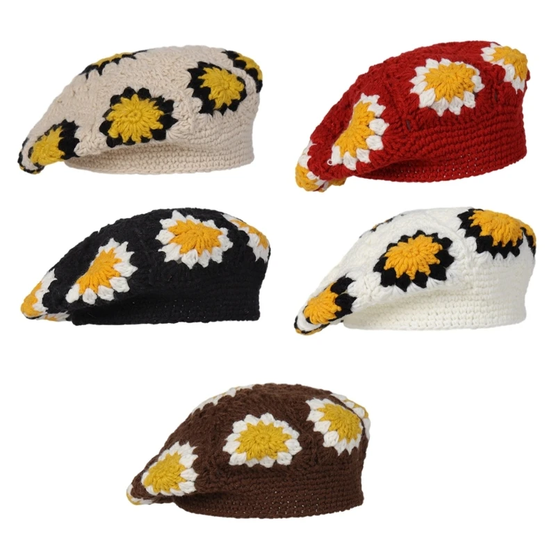 

Vintage Granny-square Artist Hat Cabbie Cap Beret Hat Outdoor Leisure Men Women Flower Painter Hat British Crocheted Cap