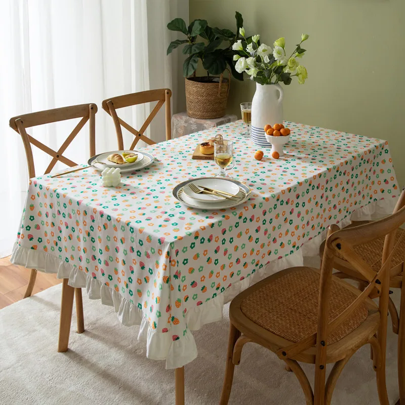 Cotton Printed Small Fresh Green Plants Spring Flowers Leaves Lotus Edges Tea Tables Tablecloths