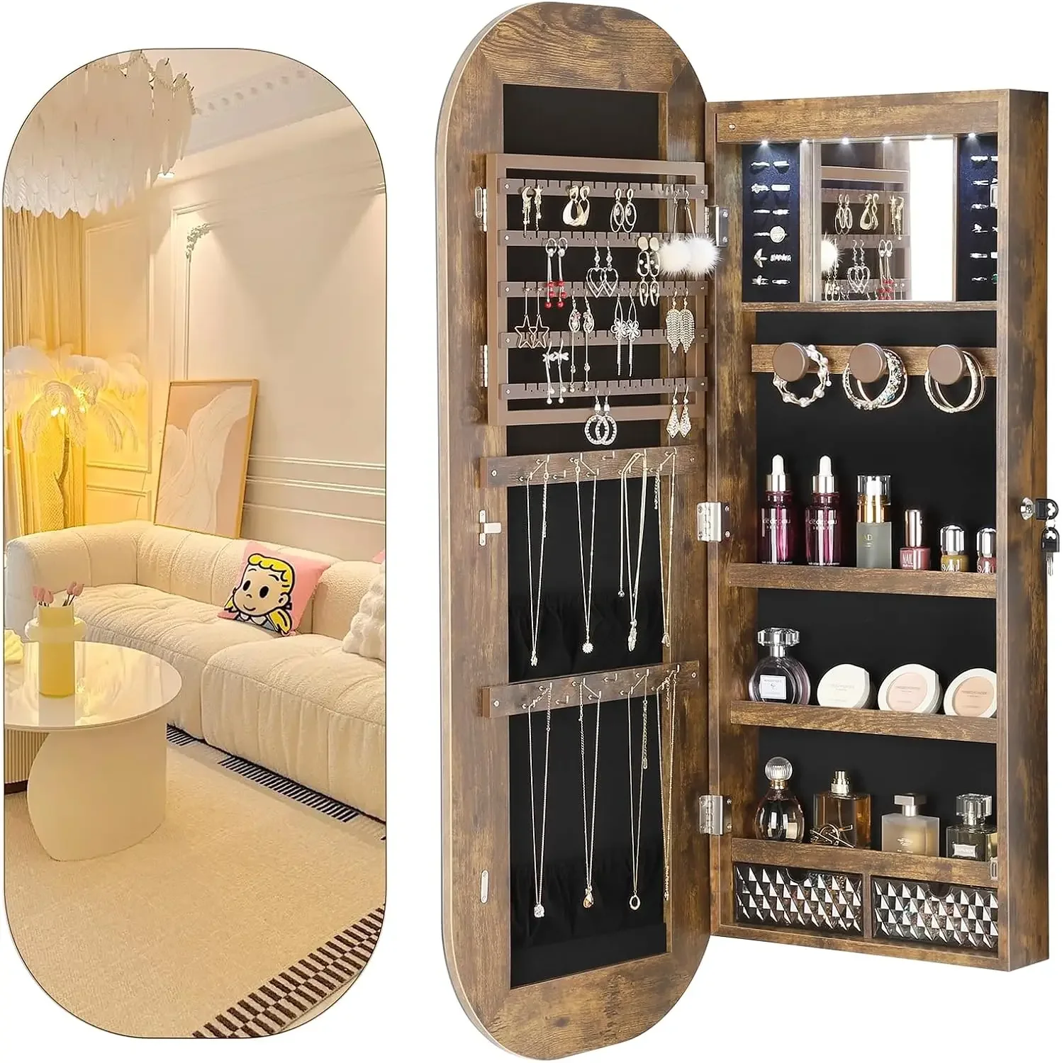 LED Mirror Jewelry Cabinet, Rounded Jewelry Armoire Cabinet, Lockable Wall or Door Mounted Jewelry Organizer with Inter