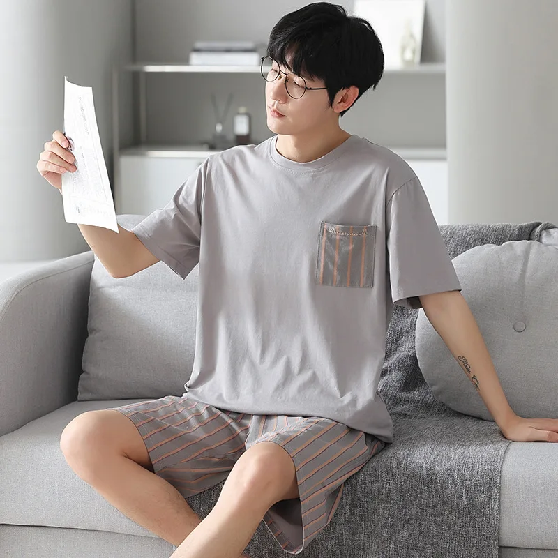 

3XL Large Size Korean Youth Men Pjs Soft Modal Sleepwear Summer Cool Feeling Loungewear Short-sleeved Pullover Shorts Homsuit