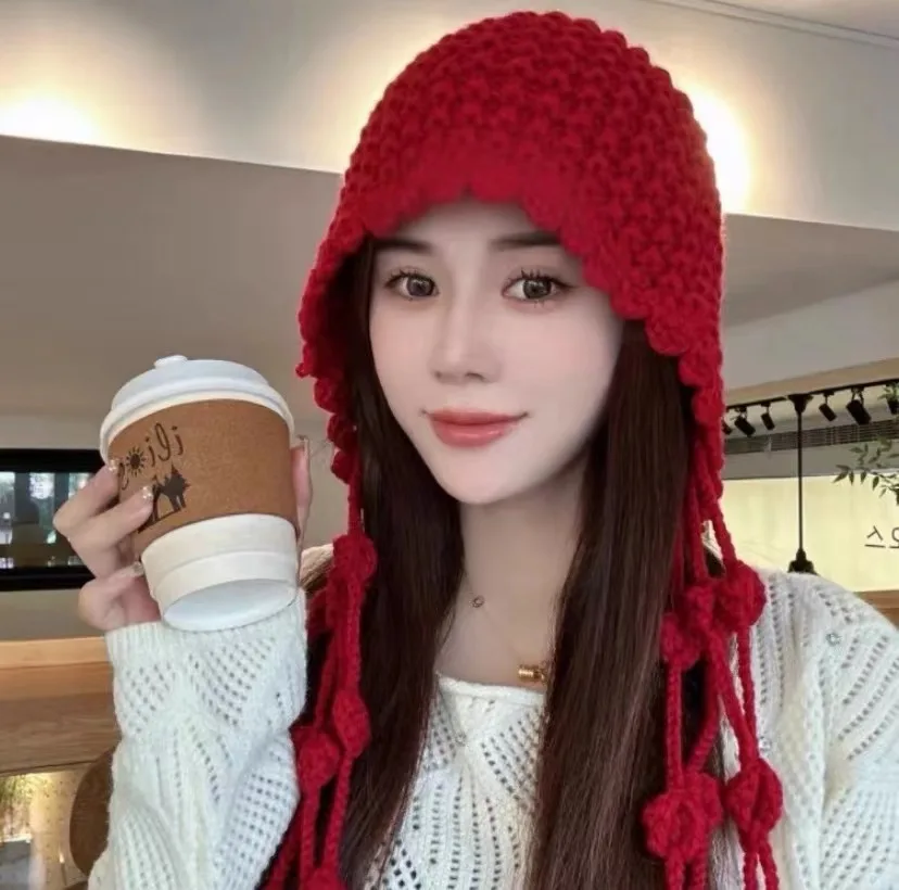 Fashion handwoven tassel ball wool hat warm ear strap knit hat