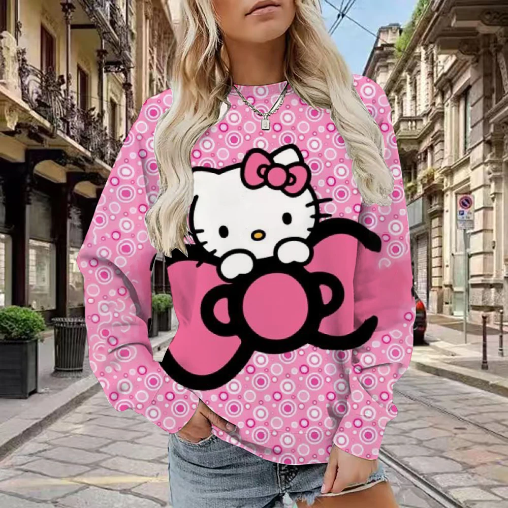 سويت شيرت نسائي منقوش عليه Hello Kitty، بلوفر مريح بأكمام طويلة، تصميم كرتوني برقبة دائرية، نمط كاجوال للخريف أ #1