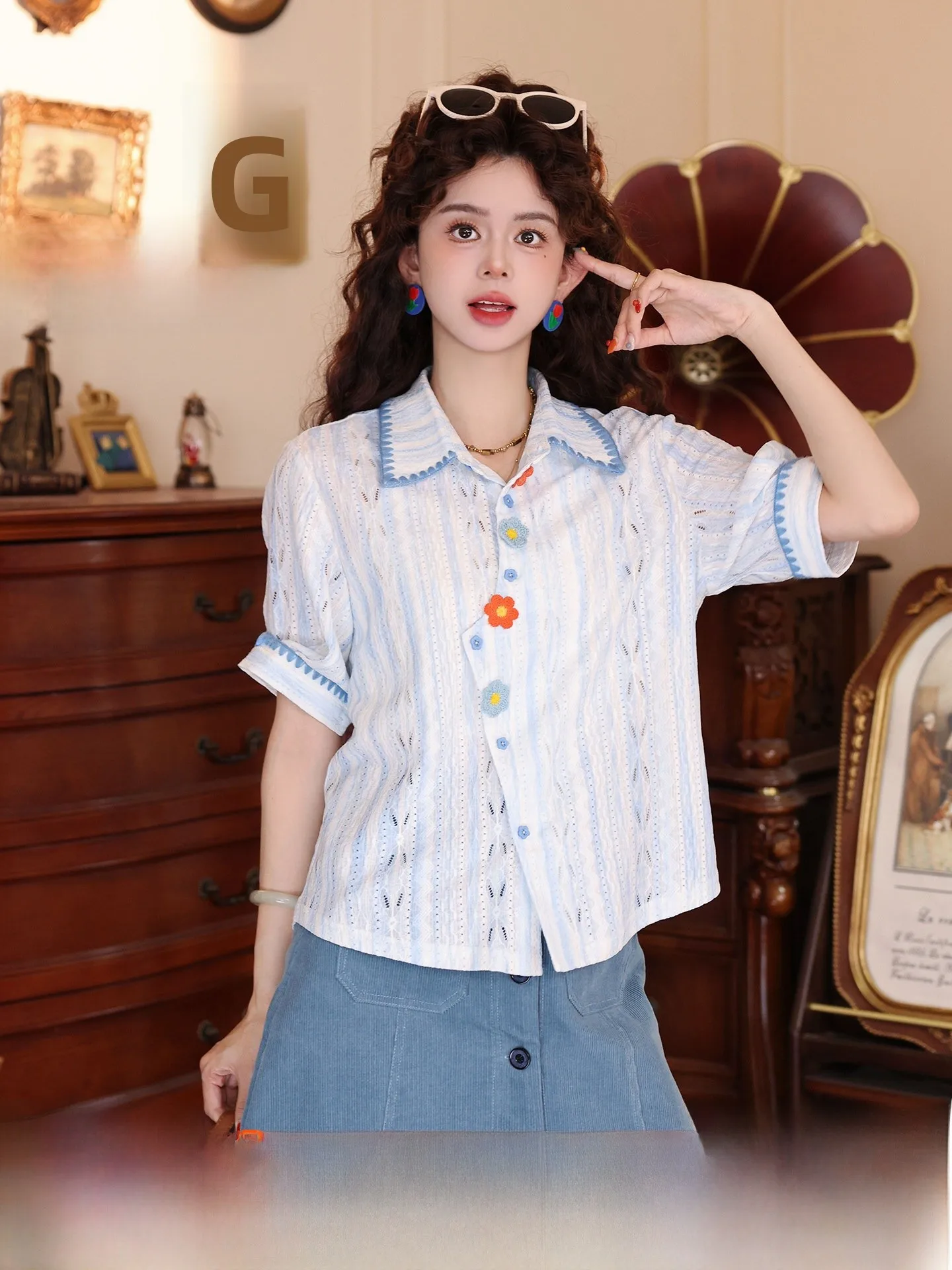 

Женская рубашка с коротким рукавом Chen Jiajie Flower between Dawn, летняя, с вышивкой, ажурным воротником и отложным воротником