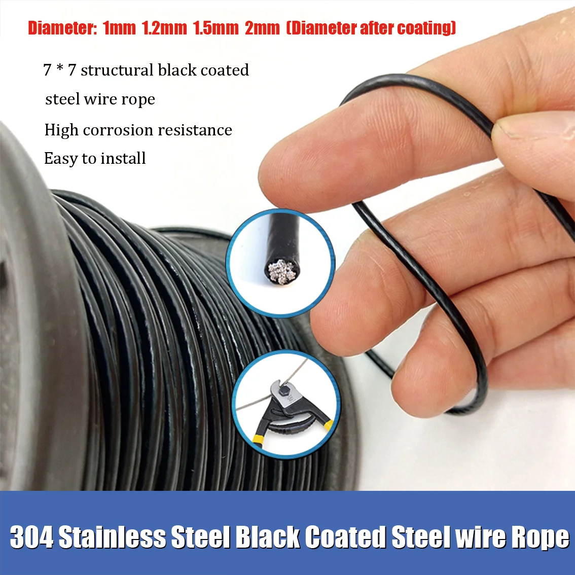 304 Stainless Steel Black PVC Coated Wire Rope After Coating Dia 1mm-2mm 10/20 Meters 7*7 Structure Soft Wirerope Steel Wire