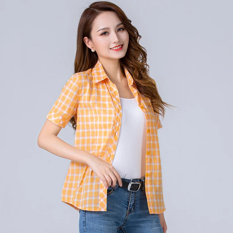 2024 Summer New Fresh Short Sleeve Women's Plaid Shirts Cotton Casual Ladies Tops Youth College Style Lady Blouses Clothes