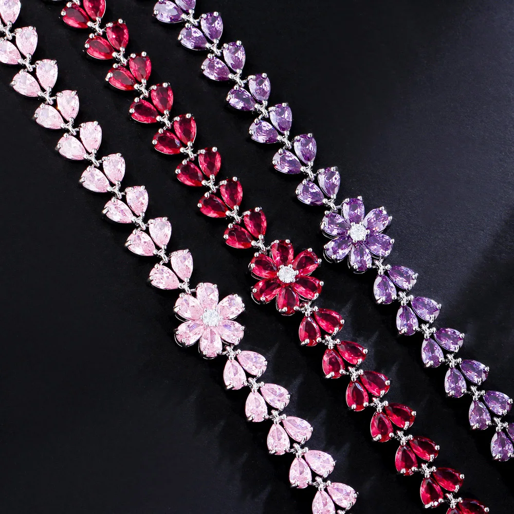 CWWZircons Delicate Flower Leaf Shape Cluster Pink Red Cubic Zirconia Crystal Link Chain Bracelets for Women Wedding Party CB315