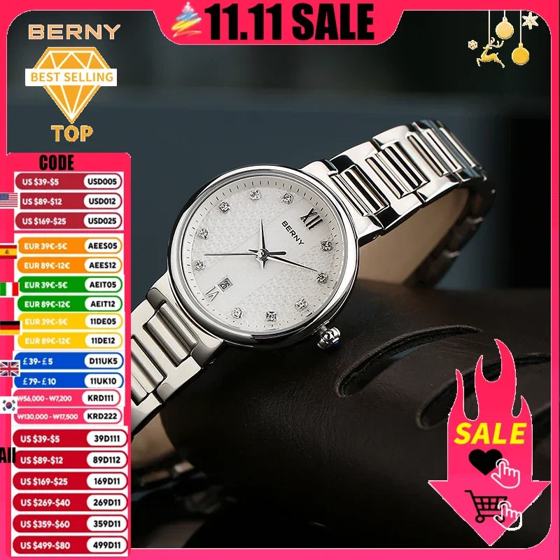 BERNY Watch for Women Japan Quartz Movement Ladies Fashion Diamond Wristwatch Sapphire Glass Calendar Feminino Reloj Waterpoof