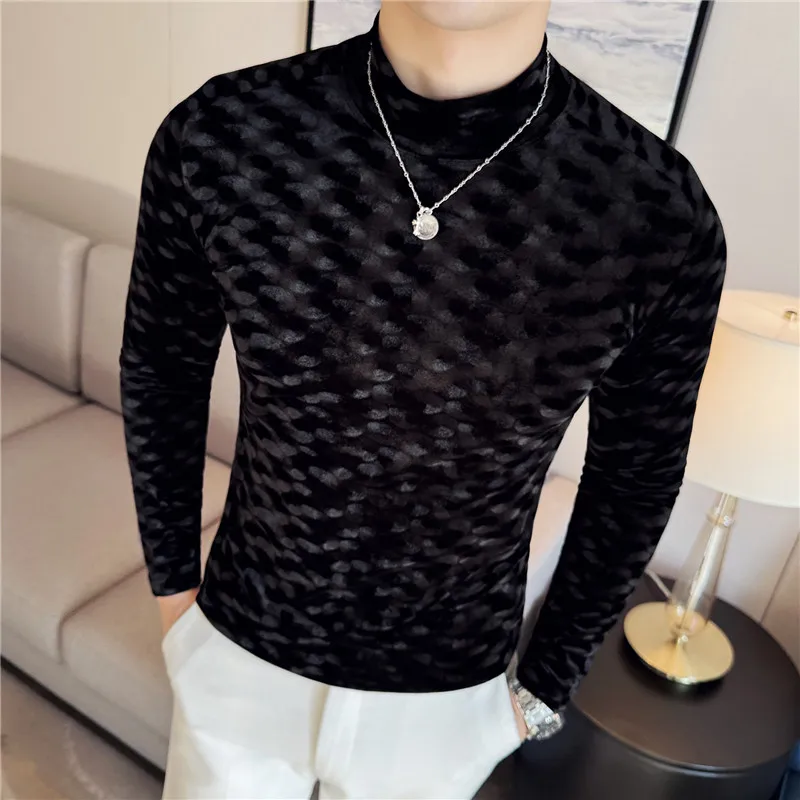 2026 Spring Fashion Plaid Long Sleeved T-shirt Men's Velvet Slim Fit Half High Neck Elastic Base Shirt Casual Business Tee Tops