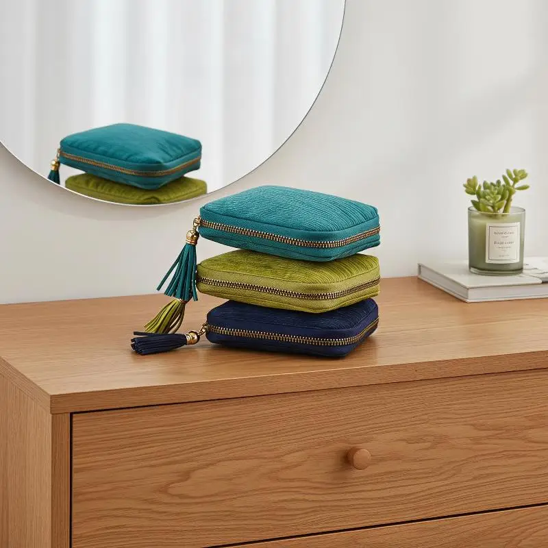 @*Soft Anti-scratch Velvet Jewelry Storage Bag 6 Layer Large Capacity Portable Tassel Zipper Pouch for All Jewelry Types