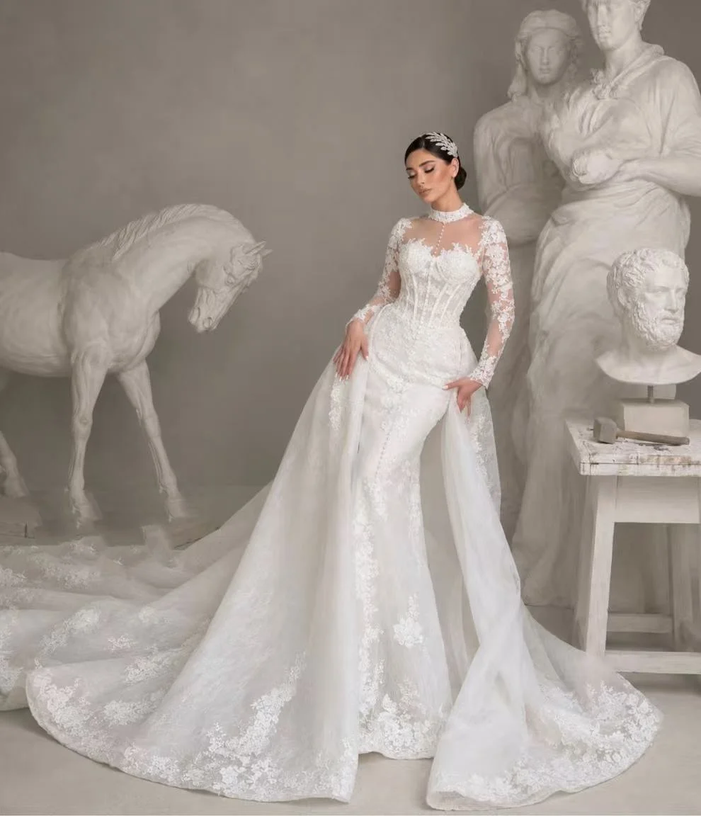 High Neck Illusion Long Sleeve Lace Mermaid Wedding Dress Detachable Overskirt Corset Cathedral Train Custom Plus Size Vestidos
