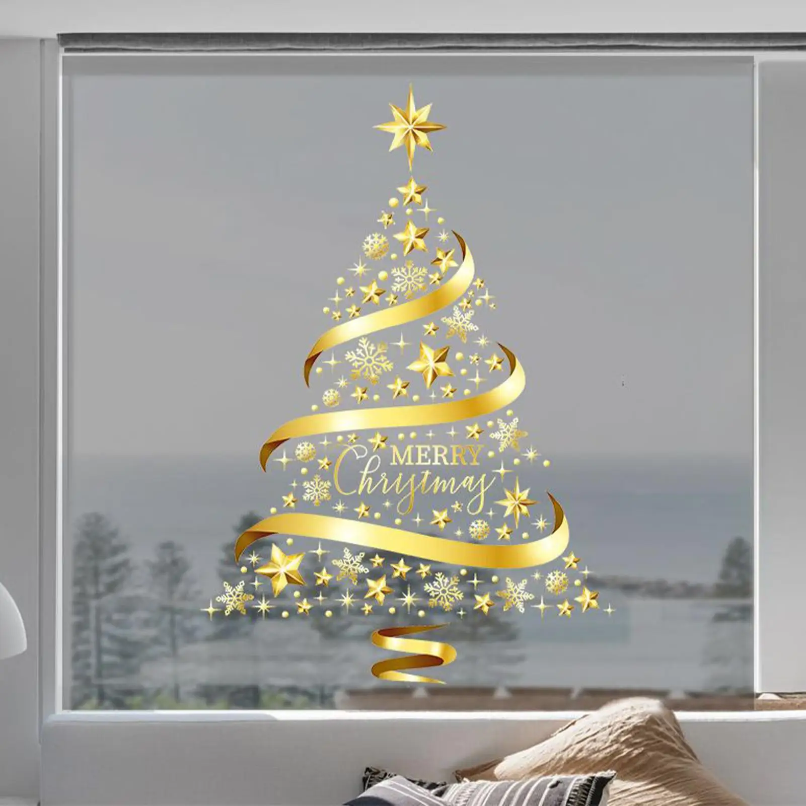 Weihnachts-Fensteraufkleber, goldener Baum, statische Aufkleber für Türen und Fenster, zum Auftragen und Entfernen, für lustige Feiertagsdekoration für Zuhause