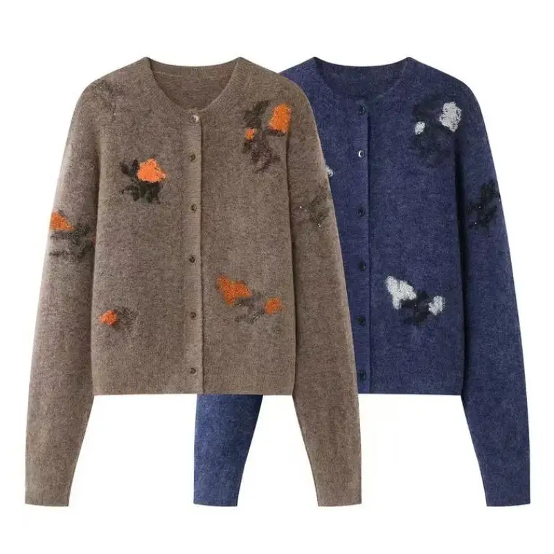 Maxdutti Minimalist Jacquard Kknitwear Woman Clothes Cardigan Southern France Mohair Wool Blended Loose Jacket Women's Sweaters