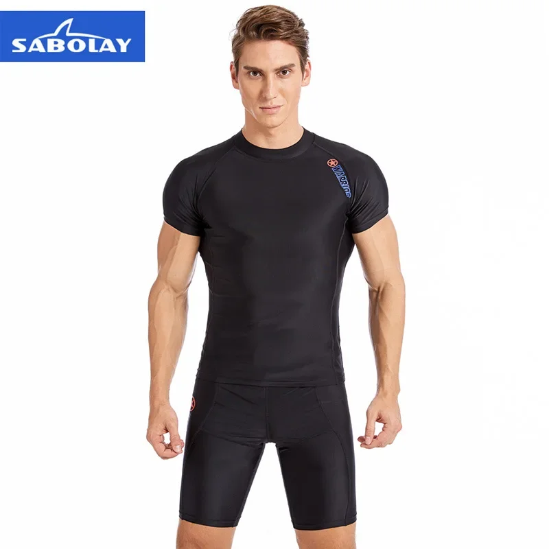 Men's Outdoor Sports Tight Wetsuit Top Shorts Short-Sleeved Swimsuit Surfing Suit Tshirt Swimwear Black Quick Drying Rash Guard