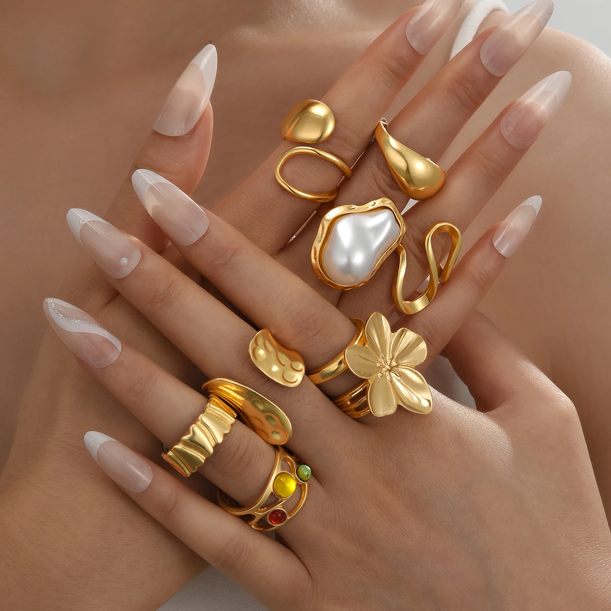 Conjunto de anillos de flores y perlas irregulares para mujer, joyería de moda, accesorio de fiesta brillante, Idea de regalo decorativa para uso diario, 9 piezas