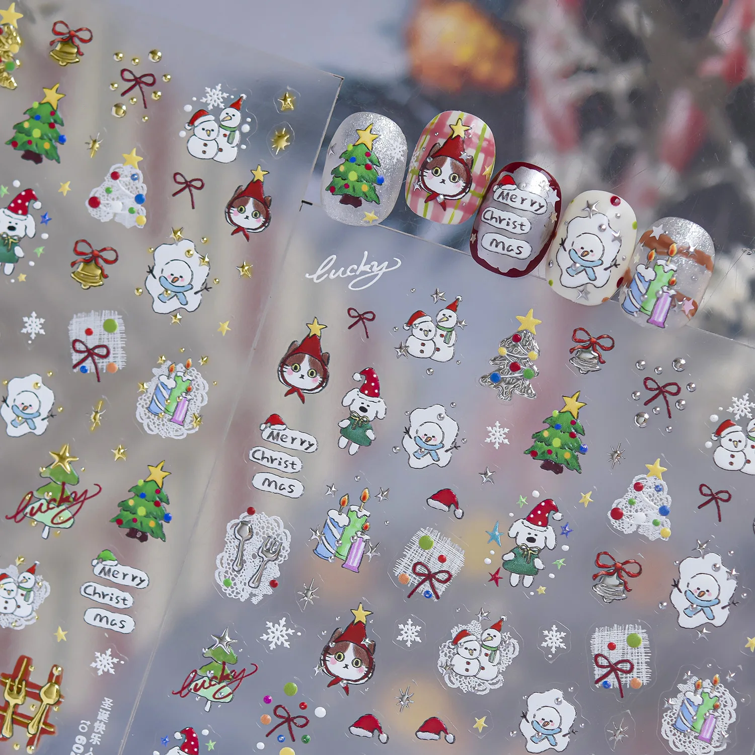クリスマス漫画キティ子犬雪だるまクリスマスツリーギフトボック - Nail Art Xmas Stickers のレビューと価格