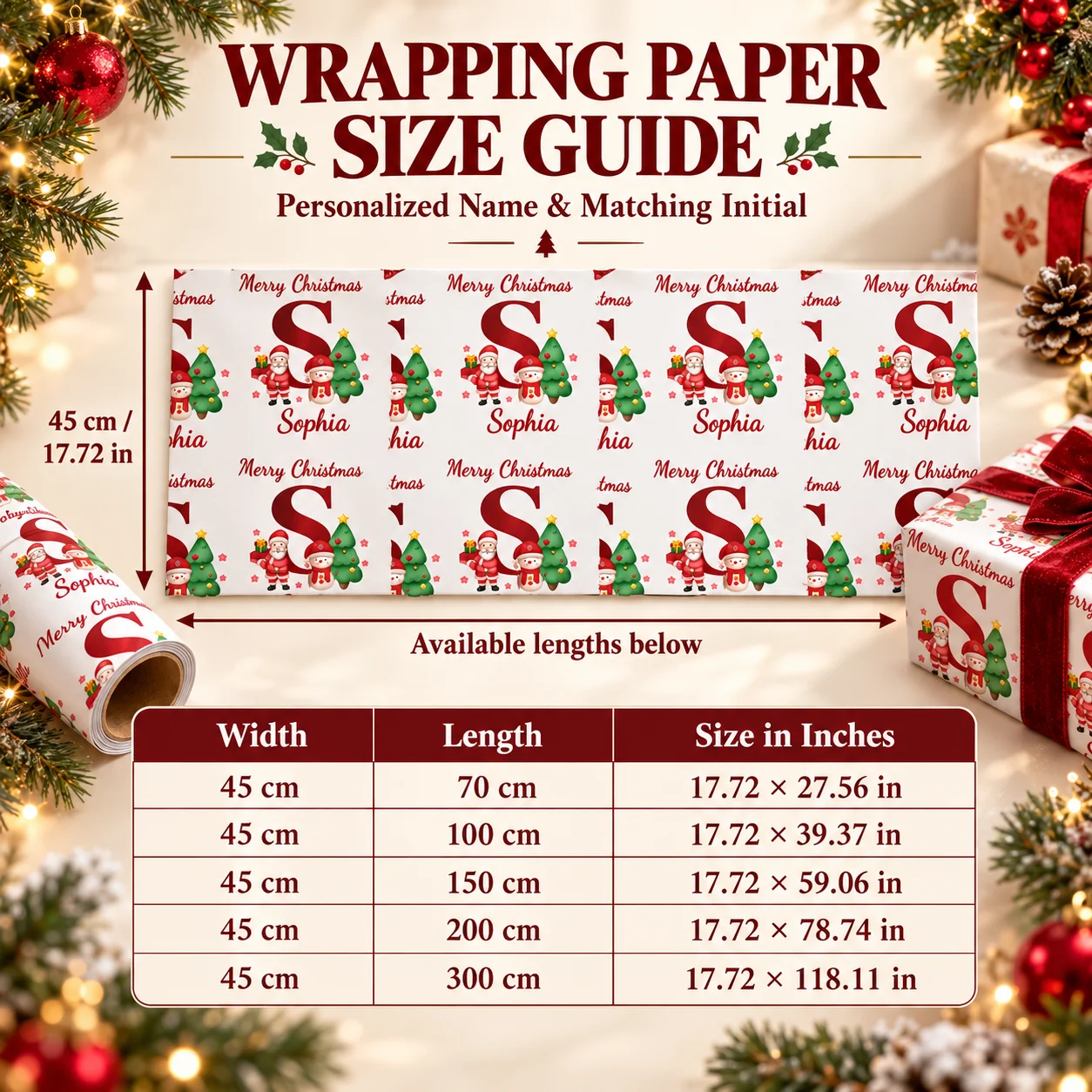 Custom Christmas Wrapping Paper Personalized Name and Matching Initial Merry Gift Wrap with Santa Snowman and Tree Holiday Decor