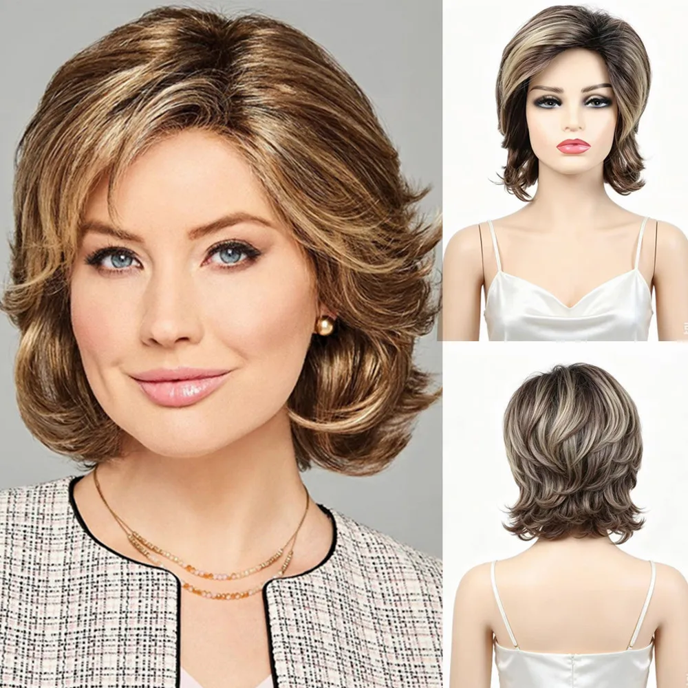 

Short Brown Highlight Wavy Synthetic Wig for Women Heat Resistant Fiber Natural Layered Bob Style for Daily Party Cosplay