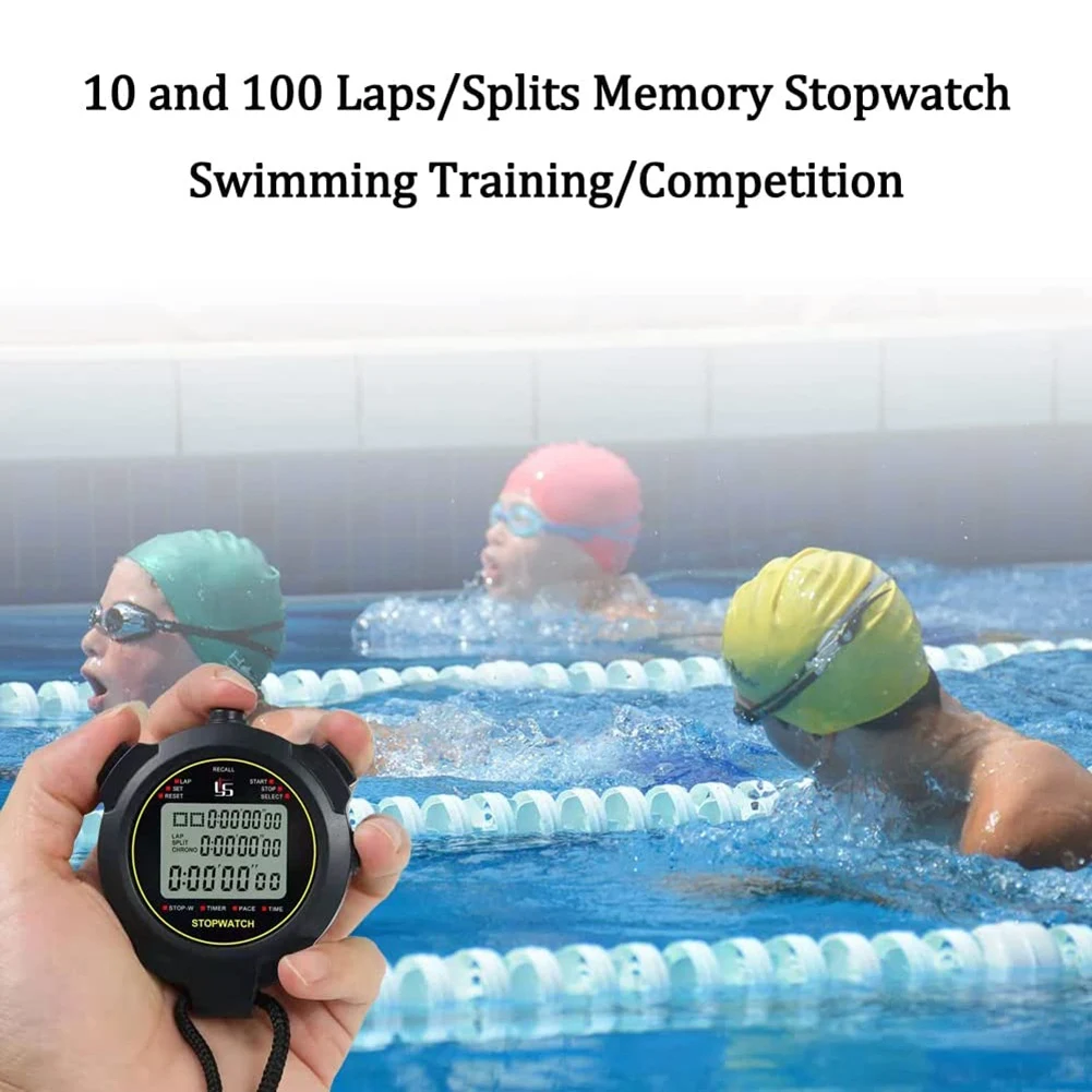 Digital Sports Stopwatch, 10Lap /Split Memory Stopwatch Count Down Timer, Large Display Waterproof 12/24 Hour Clock