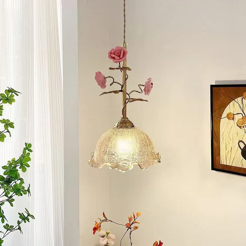 American Retro Bedsides Glass Pendant Lamp Antique Study Entrance Rose Blossom Glass Atmosphere Hanglamps Bar Cafes Dining Table