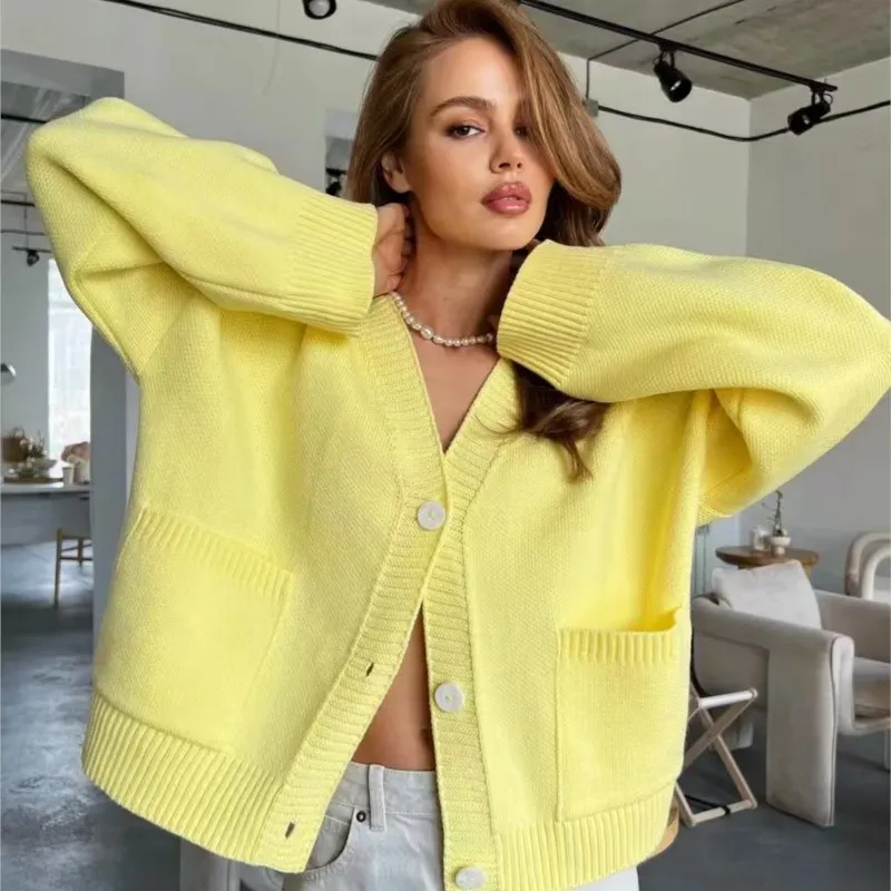 

Women Solid Knitted Single Breasted Cardigan V-neck Long Sleeve Loose Soft Sweater 2025 Autumn Winter Lady Knitwear ﻿Coat