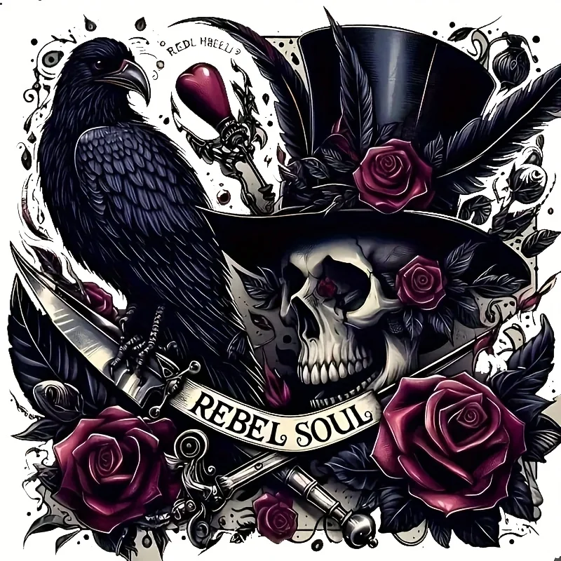 

Raven and Skull Sticker Gothic Fantasy Glitter Decal with Rose Feathers and Daggers, Self-adhesive, Glossy, Cartoon Anime Theme