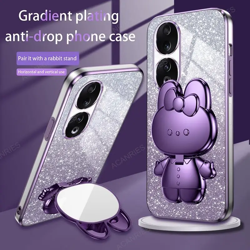 Cute 3D Rabbit Makeup Mirror Stand Plating Soft Case For Huawei Honor 90 Lite 70 Pro X8 X6s 4g 5g 8x Protect Back Cover Honorx8